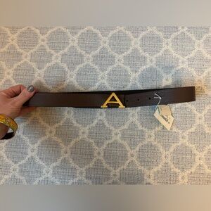 NWT CWonder Brown/Black Leather Belt with Gold “A” Buckle